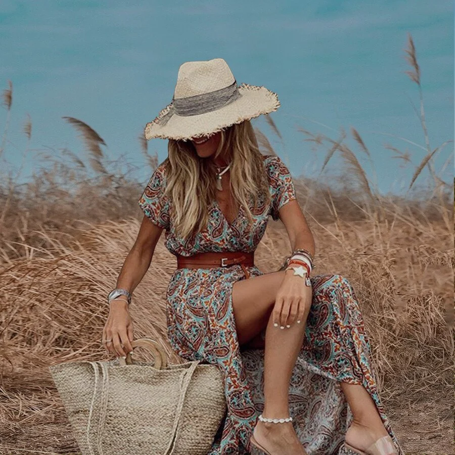 V-Neck Printed Loose Dress